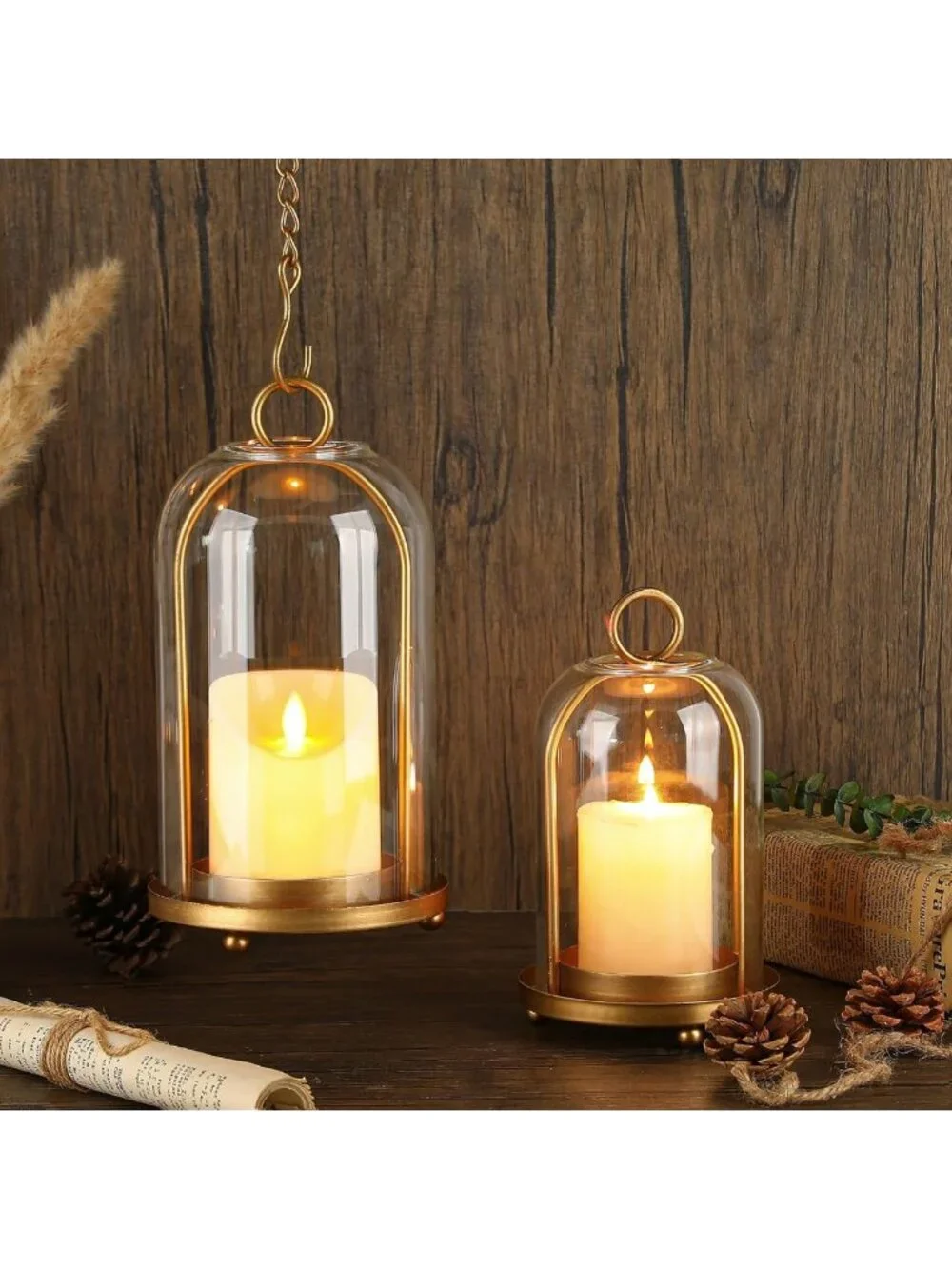 Set of 2 Vintage Brass Candle Lanterns with Thick Glass Dome - Home Decor Accent